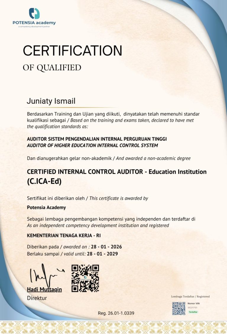 Dosen Akuntansi Syariah Juniaty Ismail Raih Sertifikasi Certified Internal Control Auditor–Education Institution (C.ICA-Ed)